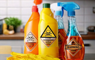 Poison awareness warning labels on cleaning bottles with chemical protection and gloves