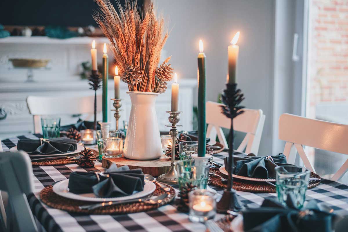 Thanksgiving Dinner Table With Open Fire Candles